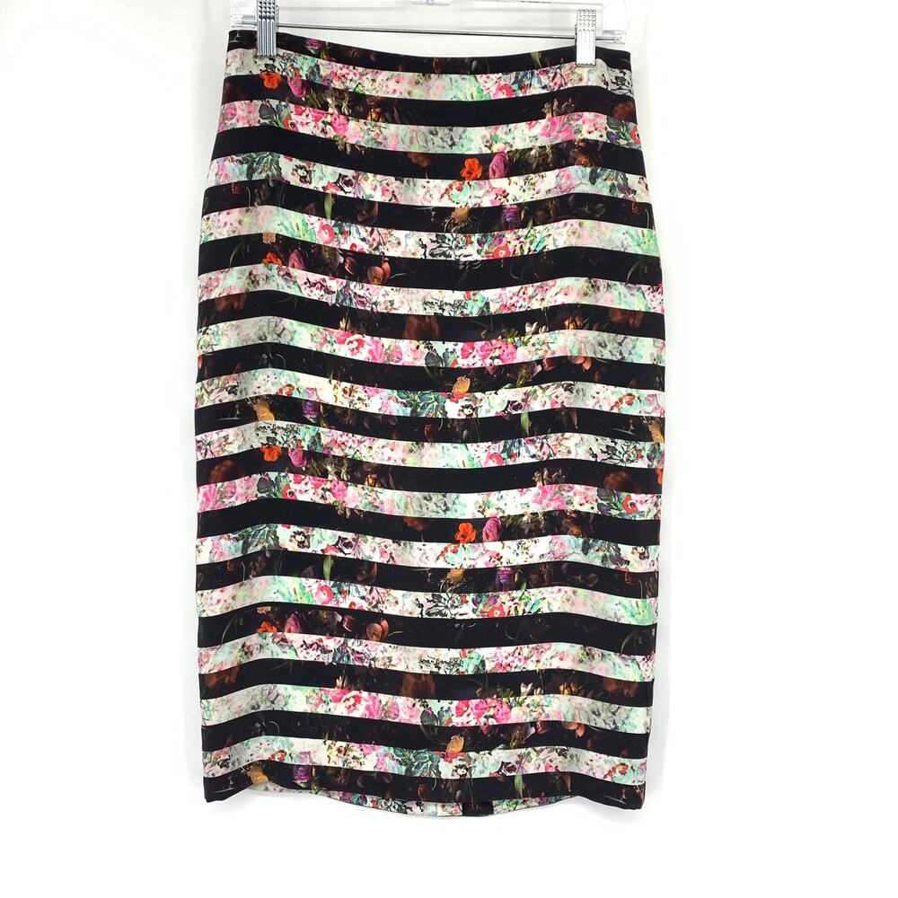 Nicole Miller Artelier Pencil Skirt Womens Sz 4 Black White Striped Floral Print
